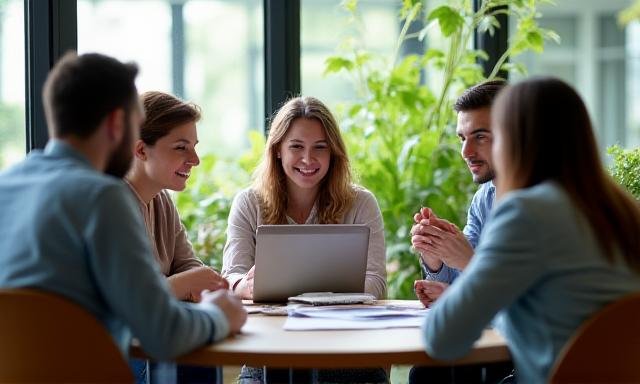 A diverse team collaborating in a bright, biophilic office space with plants
