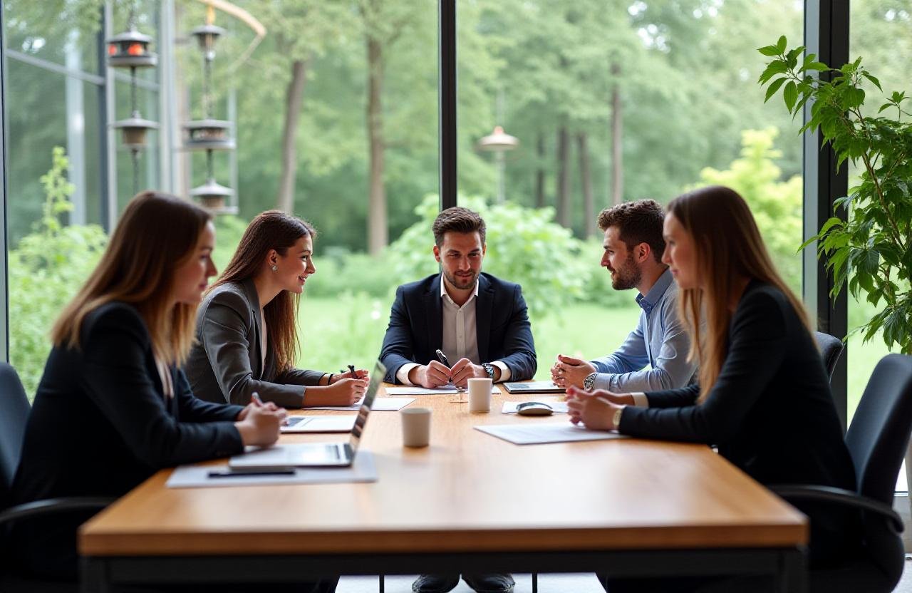 Team collaborating in a modern, sustainable office with views of nature